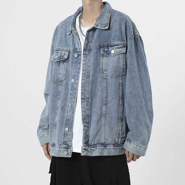 Men's Oversized Denim Jacket in Vintage Look with Button Placket and Chest Pockets Mune Fashion
