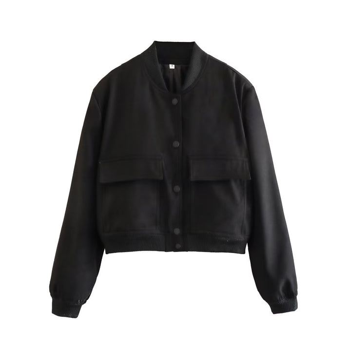 Women's short bomber jacket with snap button front, applied flap pockets and ribbed hem Mune Fashion