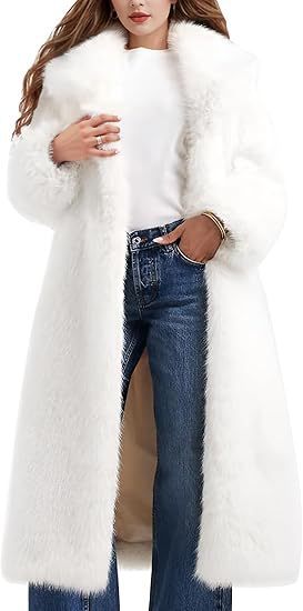 Women's Elegant Maxi Faux Fur Coat with Wide Shawl Collar and Straight Cut Mune Fashion