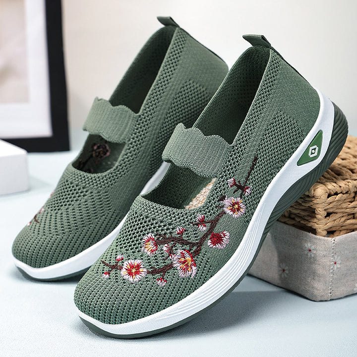 Ladies embroidered comfort ballerina with elastic Mary Jane strap, breathable knit upper and shock-absorbing EVA wedge sole Mune Fashion