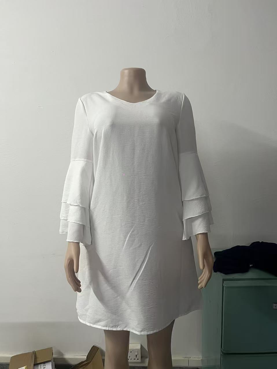 Women's Linen Look Mini Dress with V-Neck and Voluminous Tiered Sleeves Mune Fashion