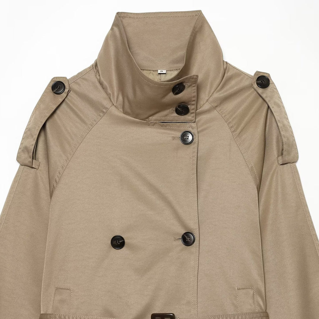 Ladies short tailored trench coat in cape look with high funnel collar and buckle cuffs Mune Fashion