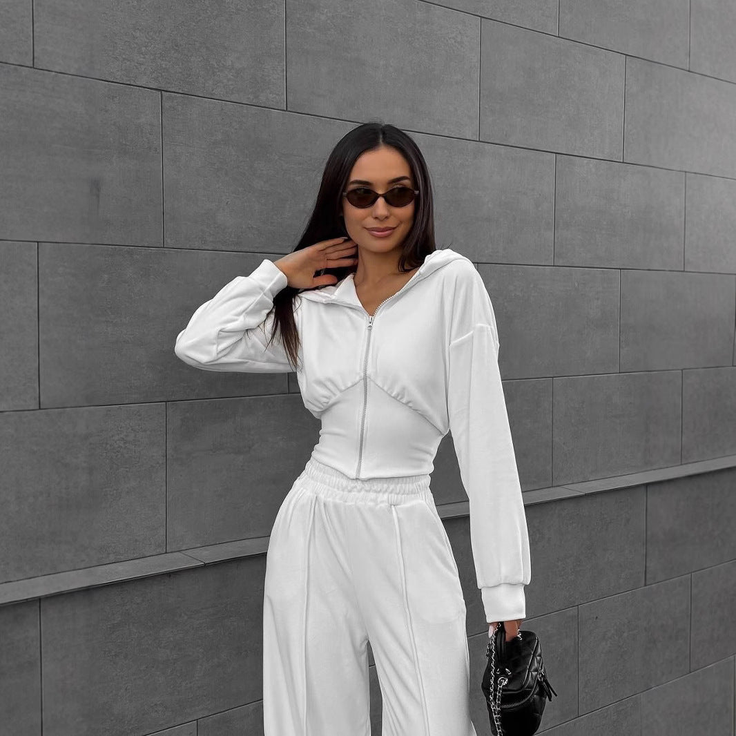 Women's short hooded cropped zip sweatshirt with tailored chest hem and wide velour lounge pants with elastic waistband Mune Fashion
