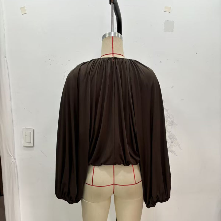 Ladies Pleated Oversized Blouse Shirt with Wide Balloon Sleeves Mune Fashion