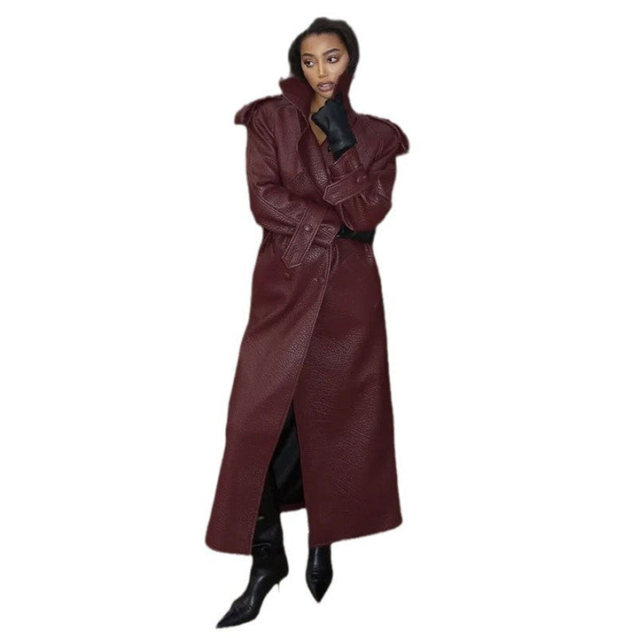 Women's Oversized Faux Leather Trench Coat with High Collar and Removable Belt Mune