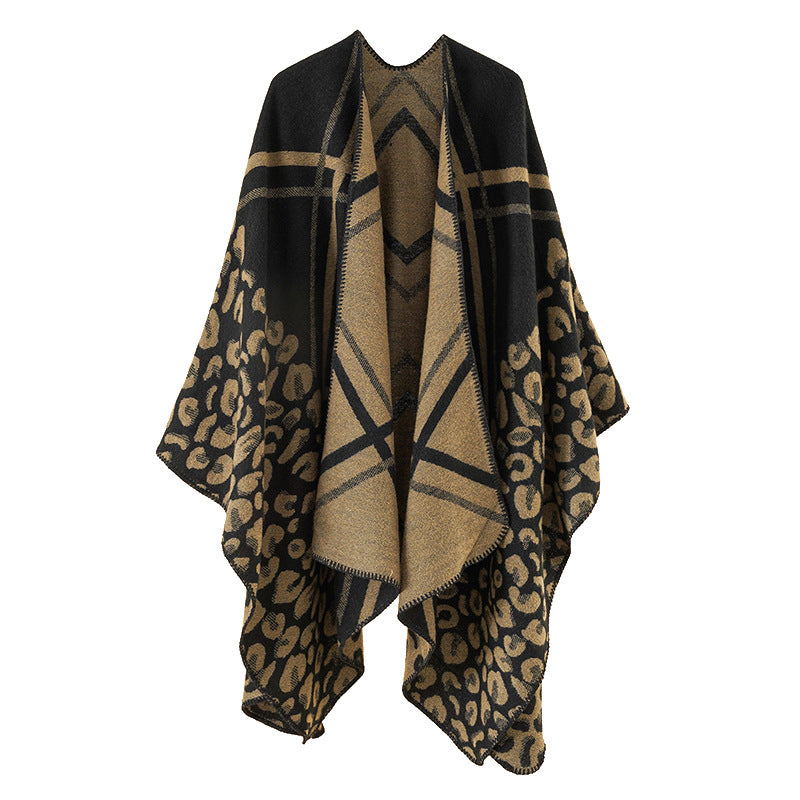 Women's Oversize Ruana Poncho with Jacquard mix, Leopard and check pattern Mune Fashion