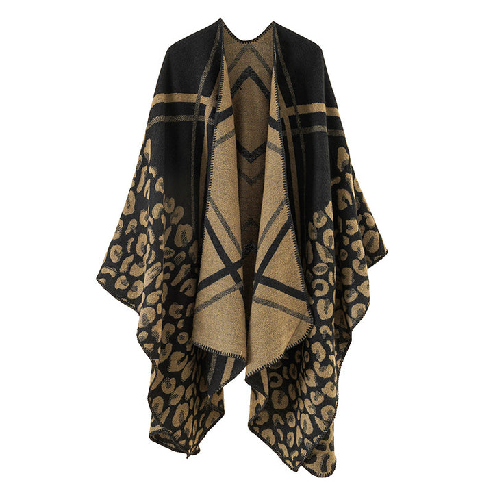 Women's Oversize Ruana Poncho with Jacquard mix, Leopard and check pattern Mune Fashion