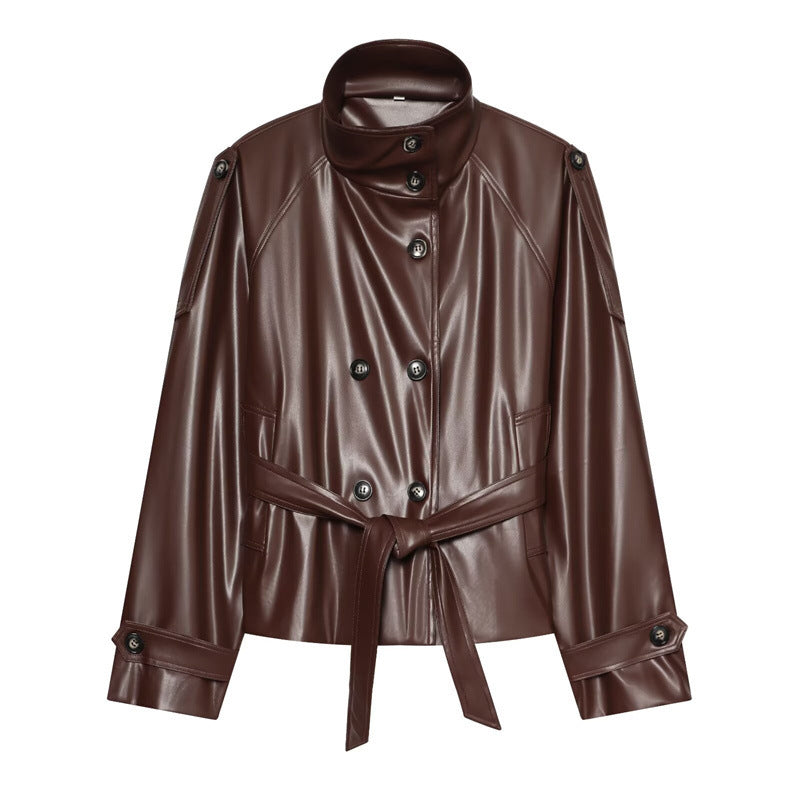 Women's Cropped Faux Leather Blouson with High Collar, Double Button Placket and Tie Belt Mune Fashion