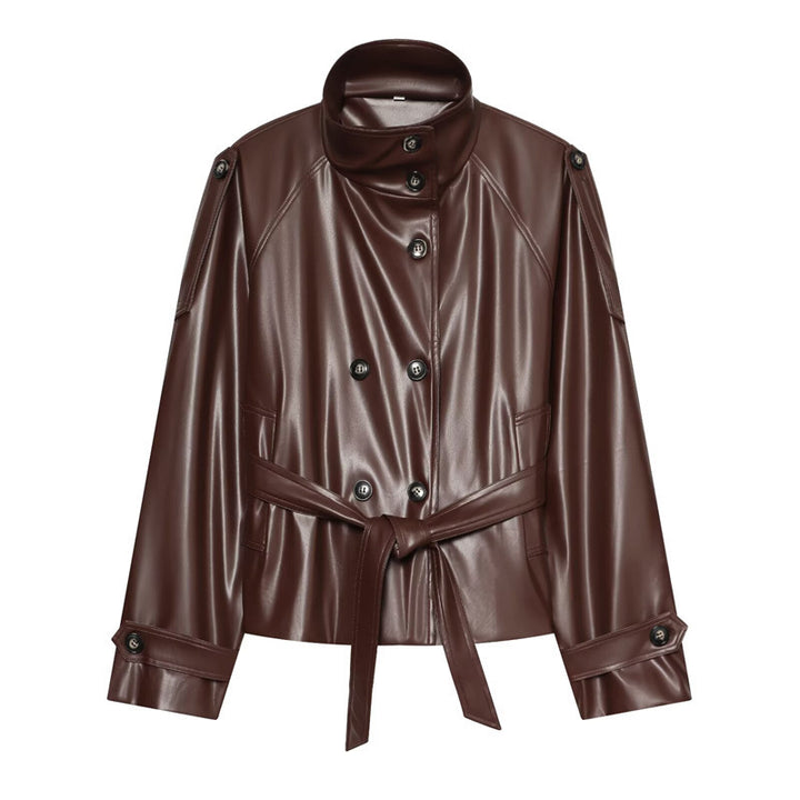 Women's Cropped Faux Leather Blouson with High Collar, Double Button Placket and Tie Belt Mune Fashion