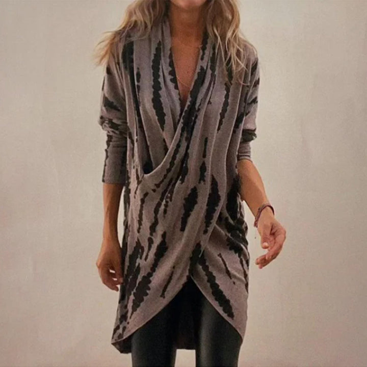 Women's draped knitted cardigan with wrap look, soft fall, and abstract pattern Mune Fashion