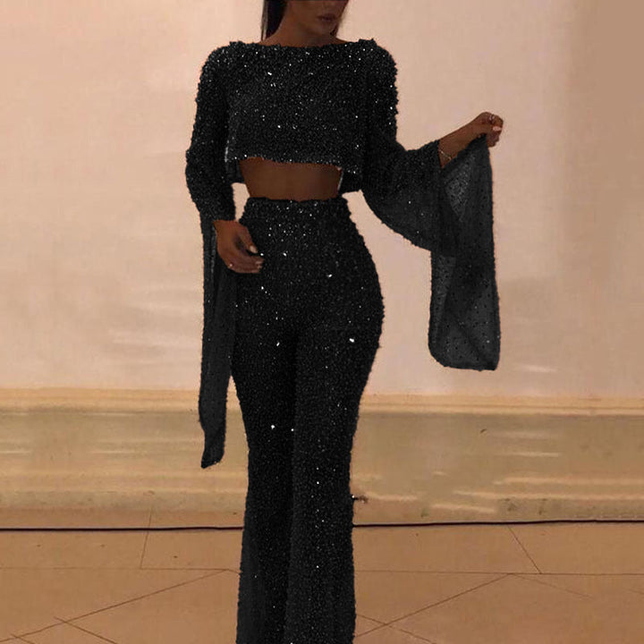 Women's Sparkling Two-Piece Set with Wide Leg and Long Sleeves Mune