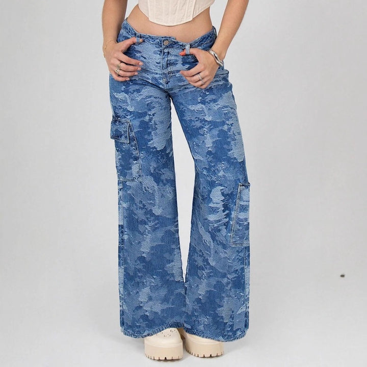 Women’s High-Waisted Palazzo Cargo Jeans made of Camouflage Denim with Patch Pockets Mune Fashion
