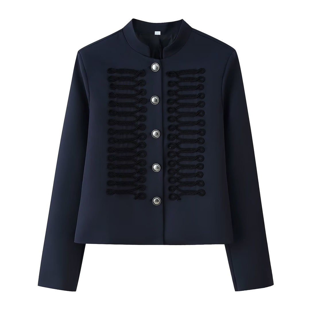 Ladies Military-inspired Short Jacket with Stand Collar and Decorative Cords Mune Fashion