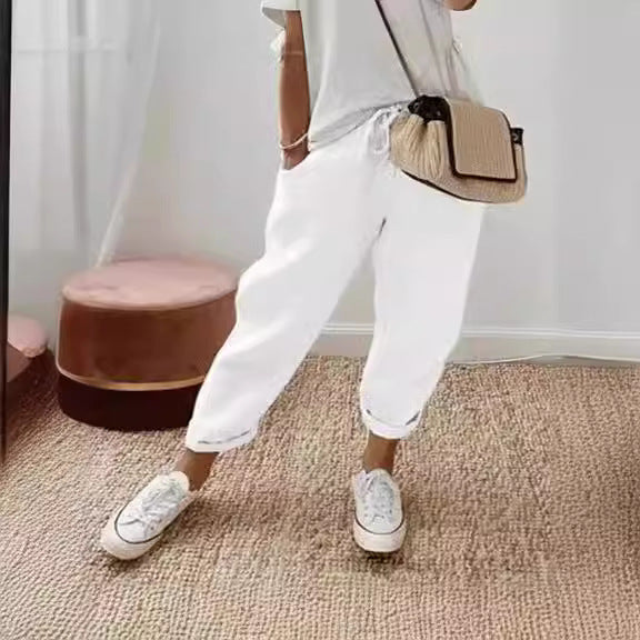 Women's linen jogger pants with drawstring, loose tapered fit and rolled hems Mune Fashion