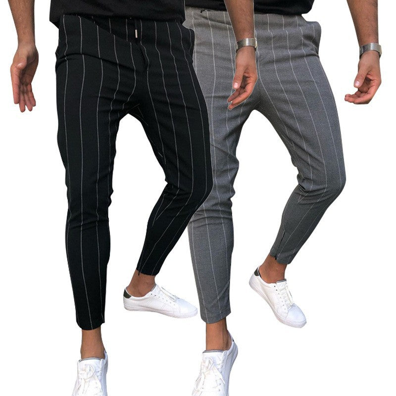 Men's Slim-Fit Cropped Chino Pants with Pinstripes and Elastic Waist Mune Fashion