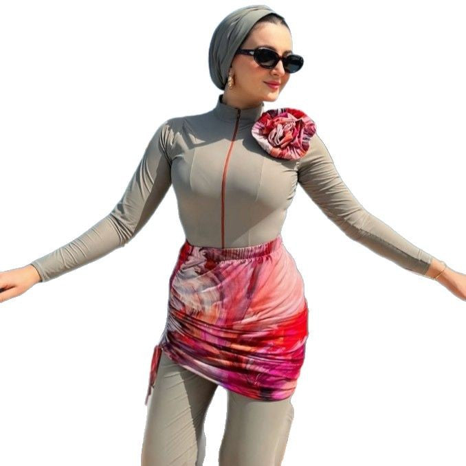 Women's Fashionable UV Protection Swimsuit with Wrap Skirt and Long Sleeve Mune Fashion