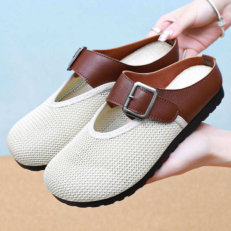 Women knitted comfort mule with adjustable leather strap, breathable knitted upper and cushioning EVA outsole Mune Fashion