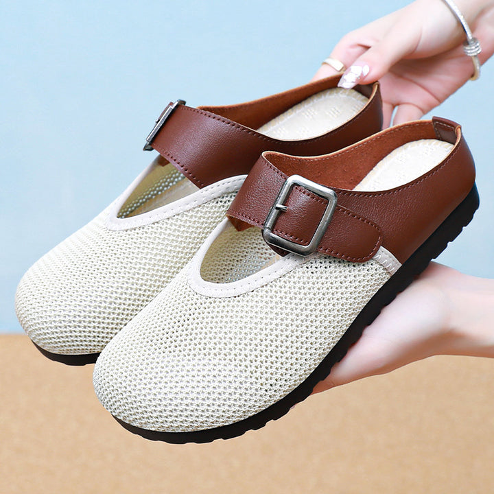 Women knitted comfort mule with adjustable leather strap, breathable knitted upper and cushioning EVA outsole Mune Fashion