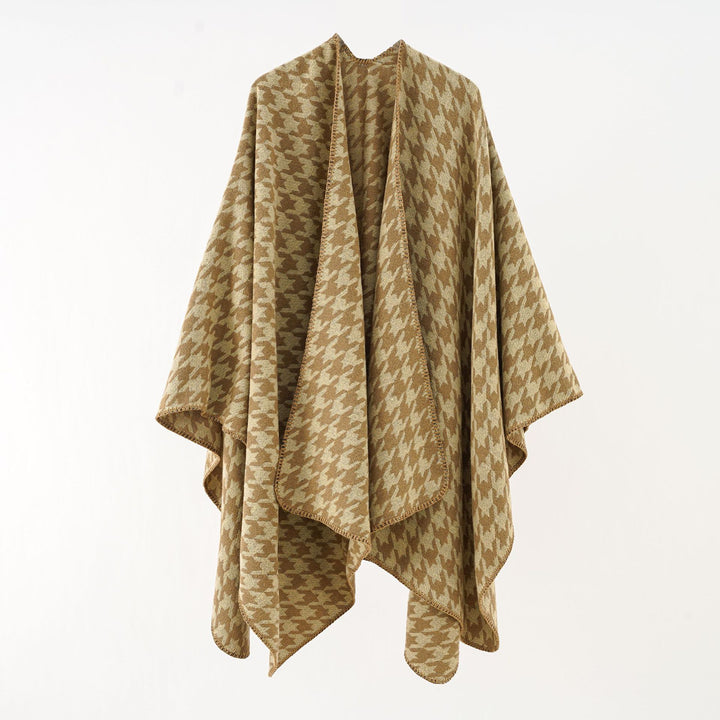 Women's knitted cape-style wrap with graphic houndstooth and decorative chain edge Mune Fashion