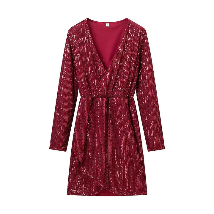 Women's wrap mini dress with sequin trim, deep V-neckline and fitted tie belt Mune Fashion