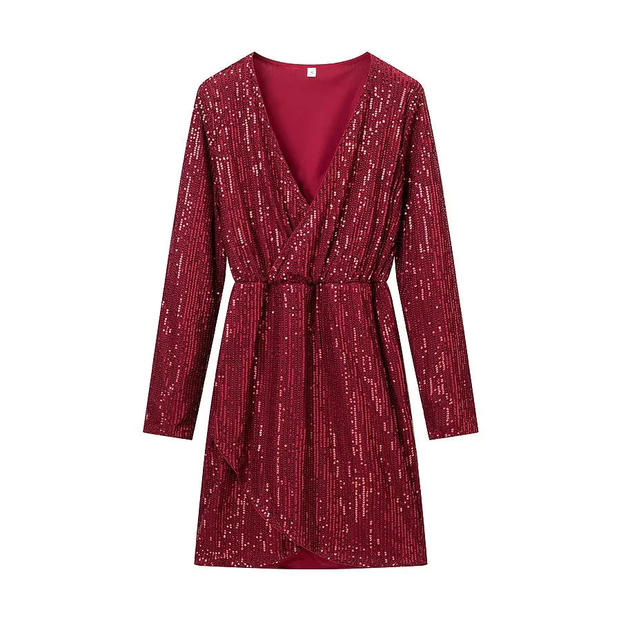 Women's wrap mini dress with sequin trim, deep V-neckline and fitted tie belt Mune Fashion