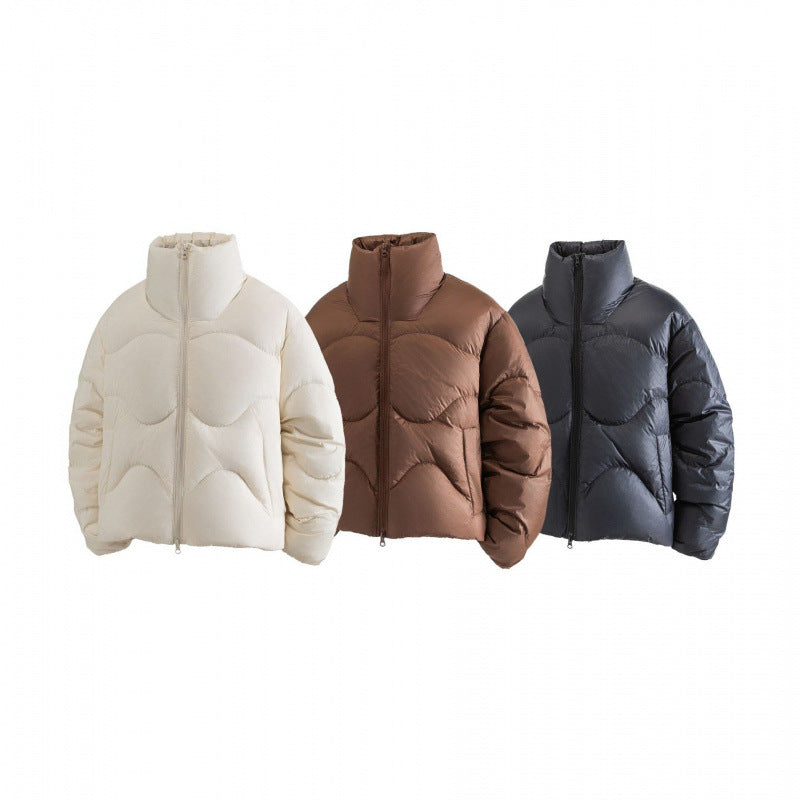 Women Short Quilted Jacket with High Collar and Wavy Quilting Mune Fashion