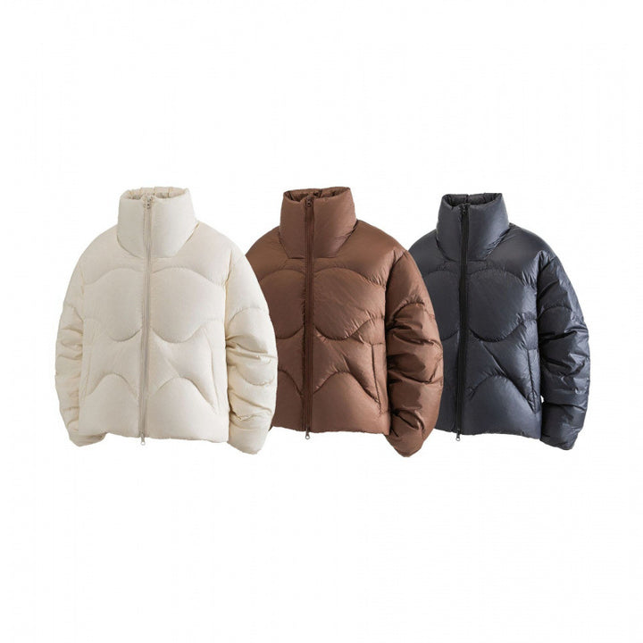 Women Short Quilted Jacket with High Collar and Wavy Quilting Mune Fashion