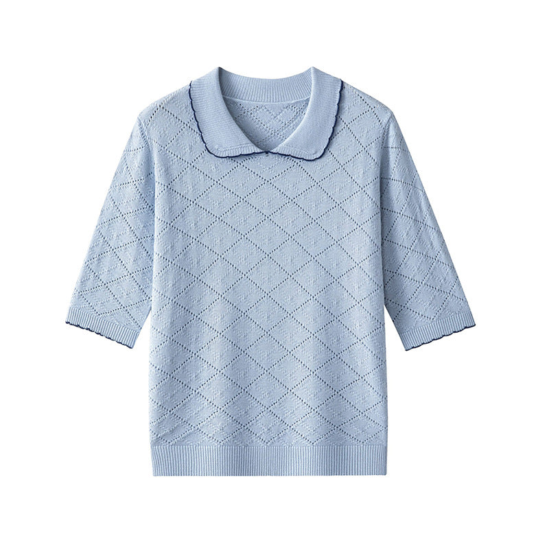 Women's short sleeve fine knit pullover with Peter Pan collar, eyelet diamond pattern and fine contrast edge Mune Fashion