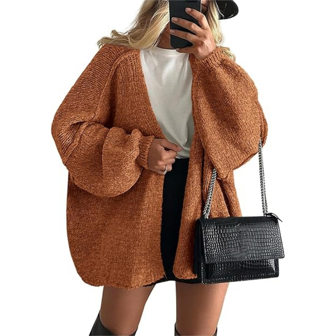 Women's Oversized Knit Cardigan with Balloon Sleeves and Open Front Mune Fashion