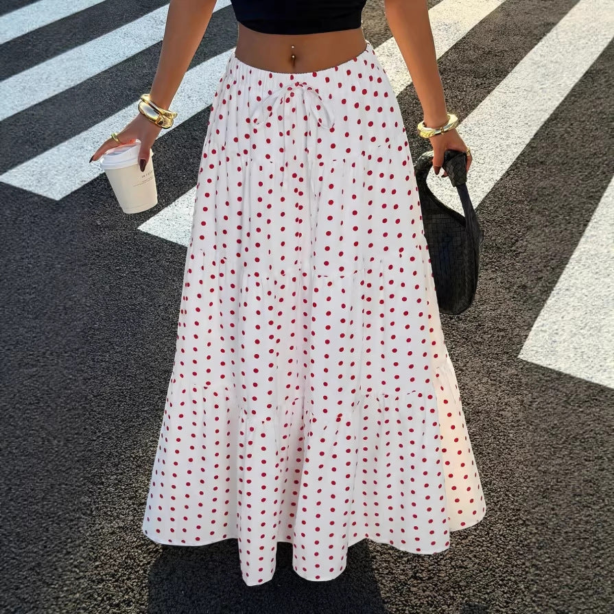 Women Striped Maxi Skirt with Elastic Waistband and Polka Dot Pattern Mune Fashion