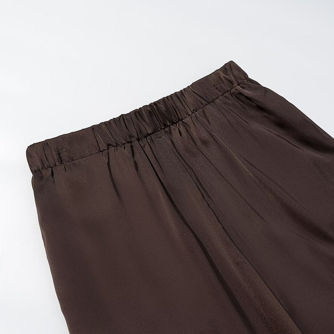Women's Wide Palazzo Pants with Elastic Waistband and Flowing Satin Look Mune Fashion