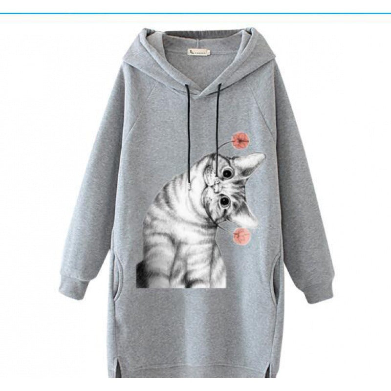 Ladies Oversize Hooded Dress made of Sweat Fabric with Large Cat Print and Side Pockets Mune Fashion