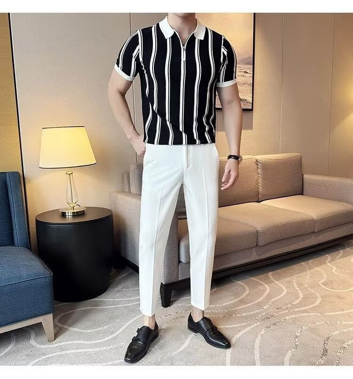Men's sporty polo shirt with zipper and stripes Mune Fashion