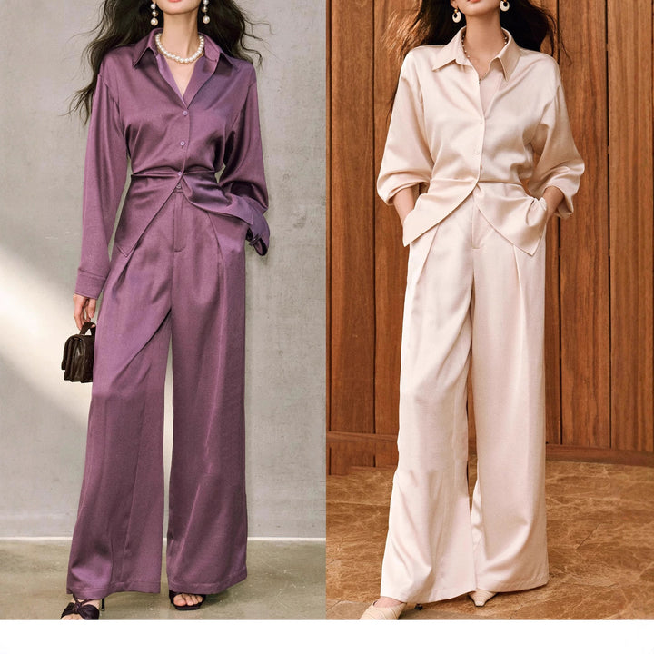 Women's Elegant Blouse with Shimmering Finish and Waist Belt Mune Fashion