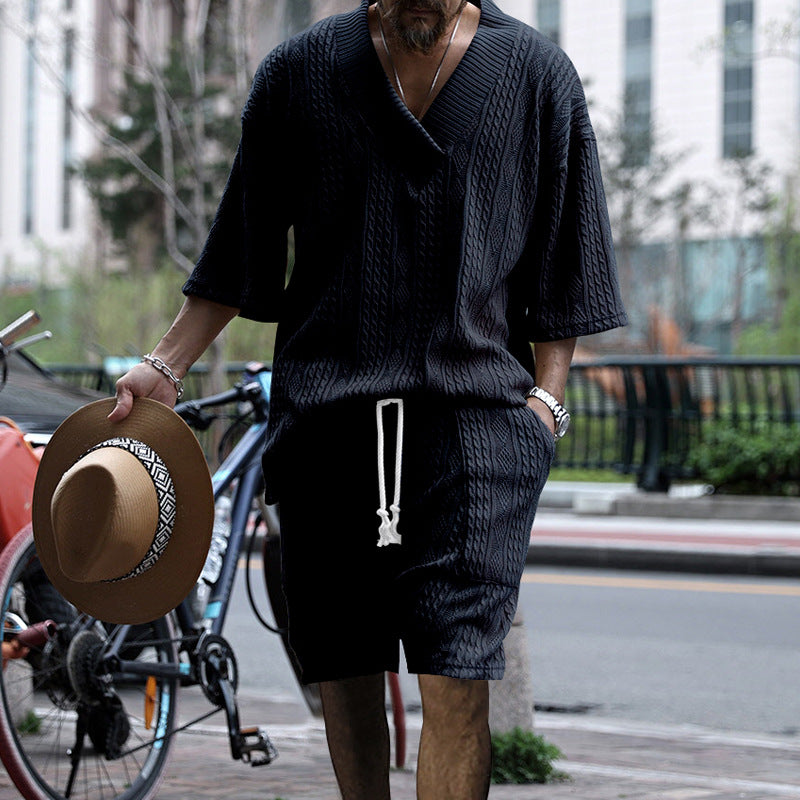 Men's urban braid knit two-piece with deep V-neck, boxy fit and drawstring shorts Mune Fashion