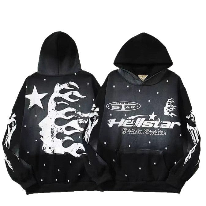 Unisex oversized hoodie with large flame and star print as well as kangaroo pocket Mune Fashion