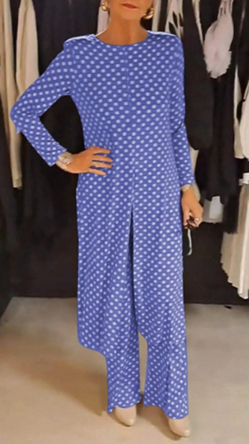 Women Nan Polka Dot Lounge Set with Long A-Line Tunic, Center Front Slit, and Wide Palazzo Pants Mune Fashion