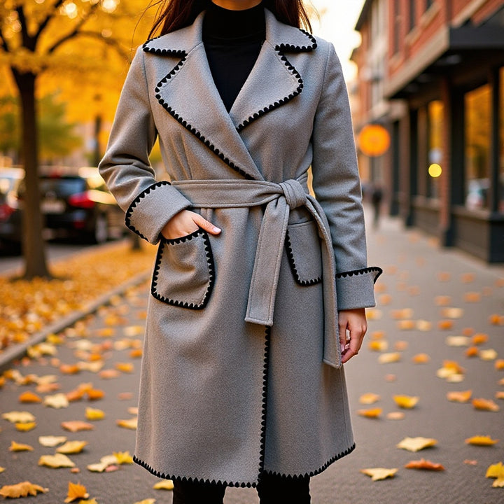 Women's Midi-Length Wool Blend Coat with Tie Belt and Zigzag Trim Mune Fashion