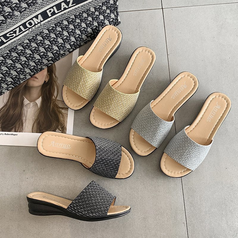 Women's glitter slide sandals with wide strap front, open toe area, cushioned comfort footbed, and lightweight wedge heel Mune Fashion