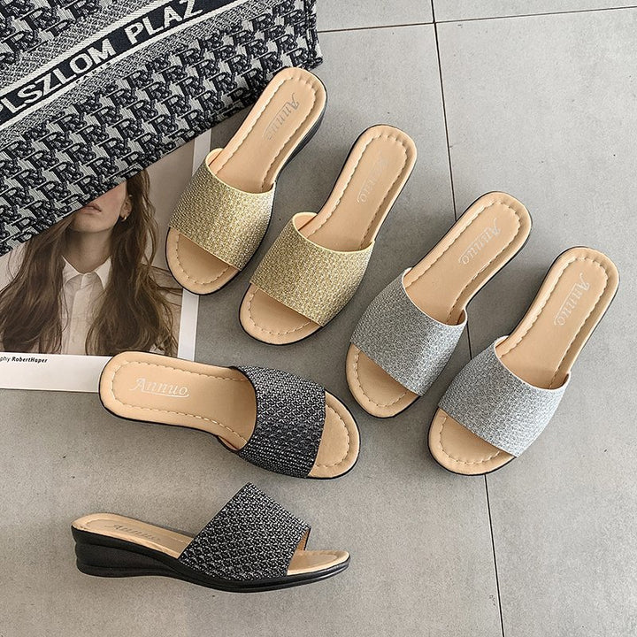 Women's glitter slide sandals with wide strap front, open toe area, cushioned comfort footbed, and lightweight wedge heel Mune Fashion