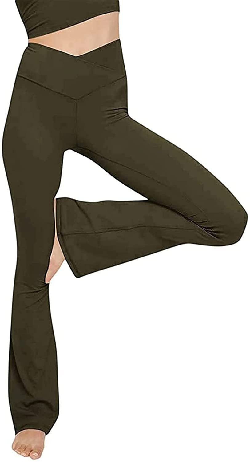Women's mid-rise yoga pants with crossover waistband and flared hem with slit Mune Fashion