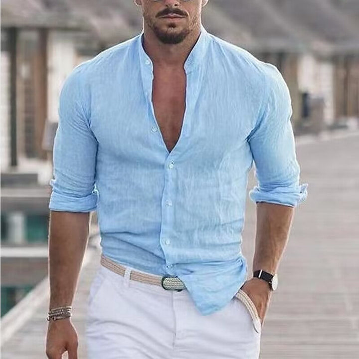 Men's Casual Linen Shirt with Modern Stand-Up Collar and Roll-Up Sleeves Mune Fashion