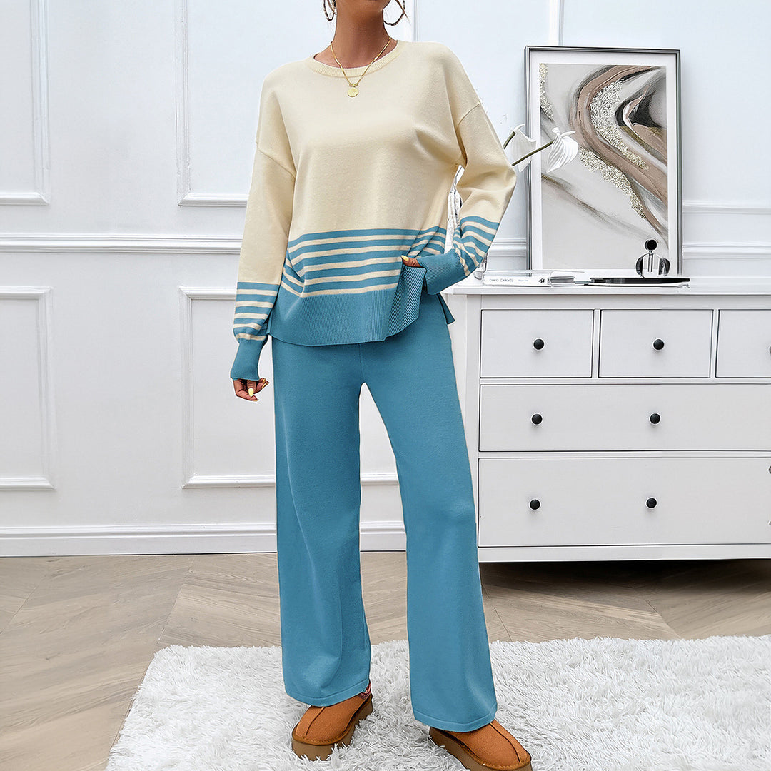 Ladies casual knit lounge set with striped round neck sweater, raglan sleeves and wide high-waisted pants Mune Fashion