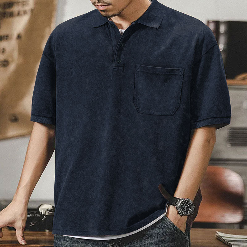 Men's loosely cut cotton polo shirt with a patch chest pocket and short button placket Mune Fashion