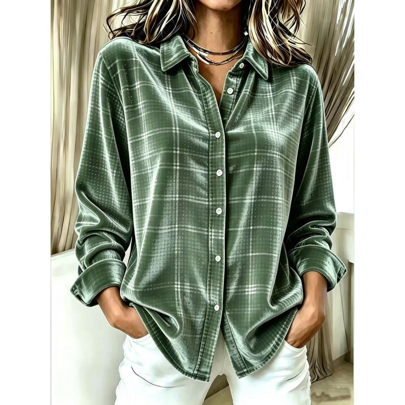 Women's Velvet Shirt Blouse with Check Pattern and Loose Oversized Cut Mune Fashion