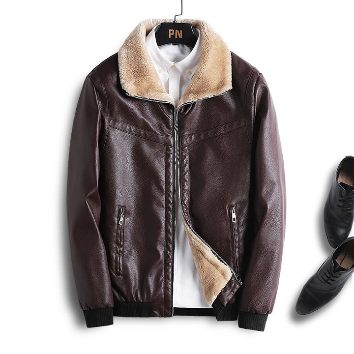 Men's Windproof Faux Leather Bomber Jacket with Teddy Lining and Ribbed Cuffs Mune Fashion