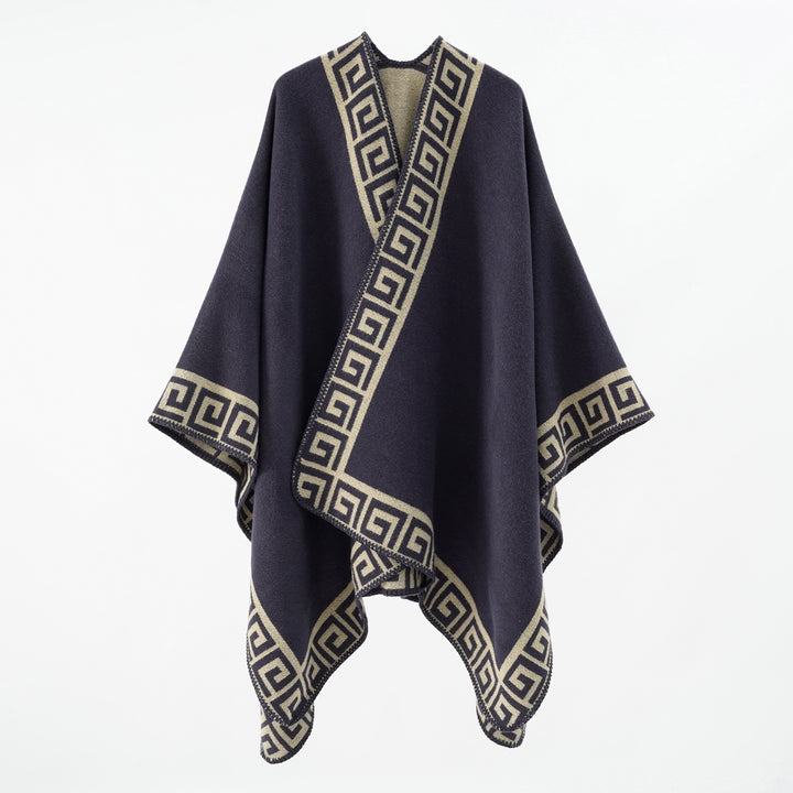 Women Wool Blend Cape with Greek Inspired Border Pattern and Open Kimono Fall Mune Fashion