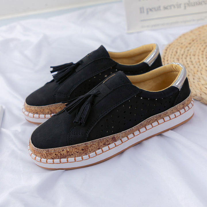 Women's Nano Perforated Slip-On Sneakers with Tassels, Cork Platform, and Decorative Hand Stitching Mune Fashion