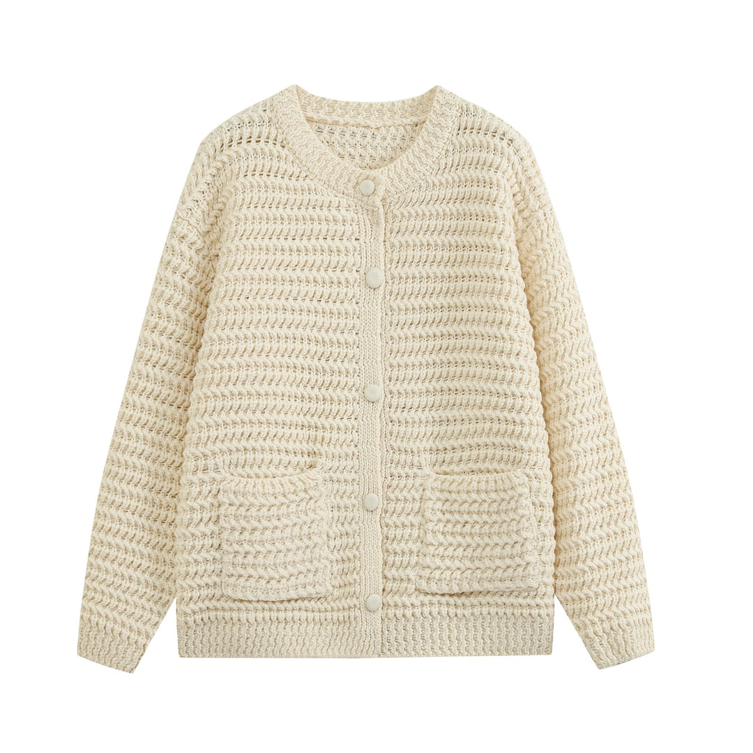 Women's Chunky Knit Cardigan with Structured Pattern and Patch Pockets Mune Fashion