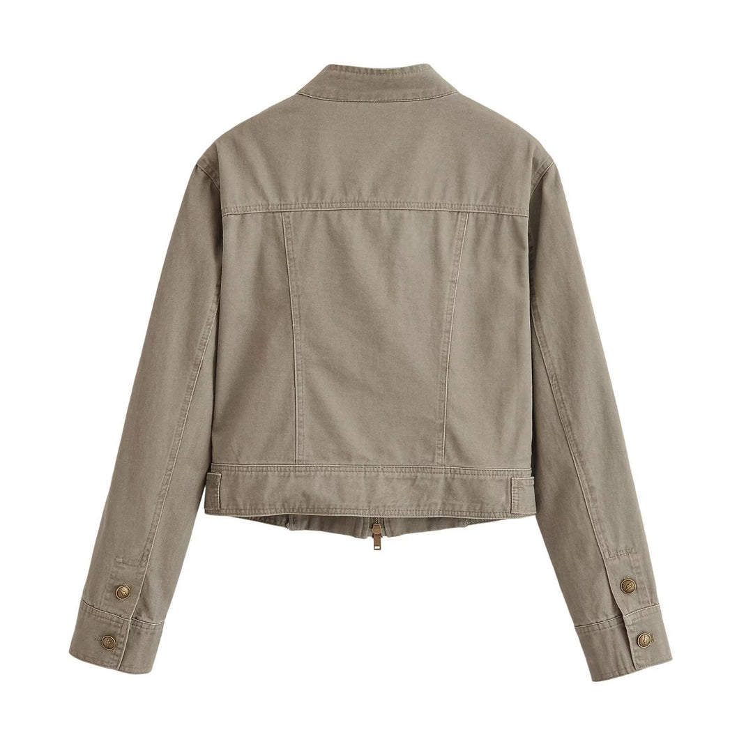 Women's short jacket in army look made of cotton twill with stand-up collar and decorative decorative straps Drune